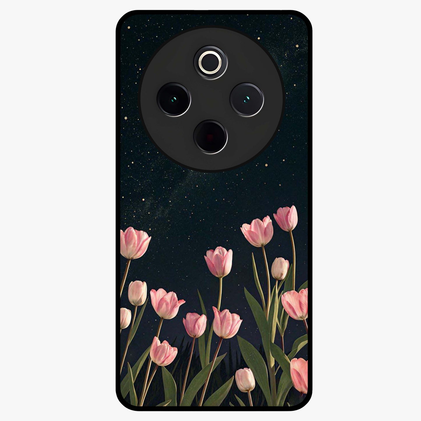 Midnight Tulip Whispers Vibe Glass Case showing flat back view with elegant tulip flower artwork and glossy glass finish.