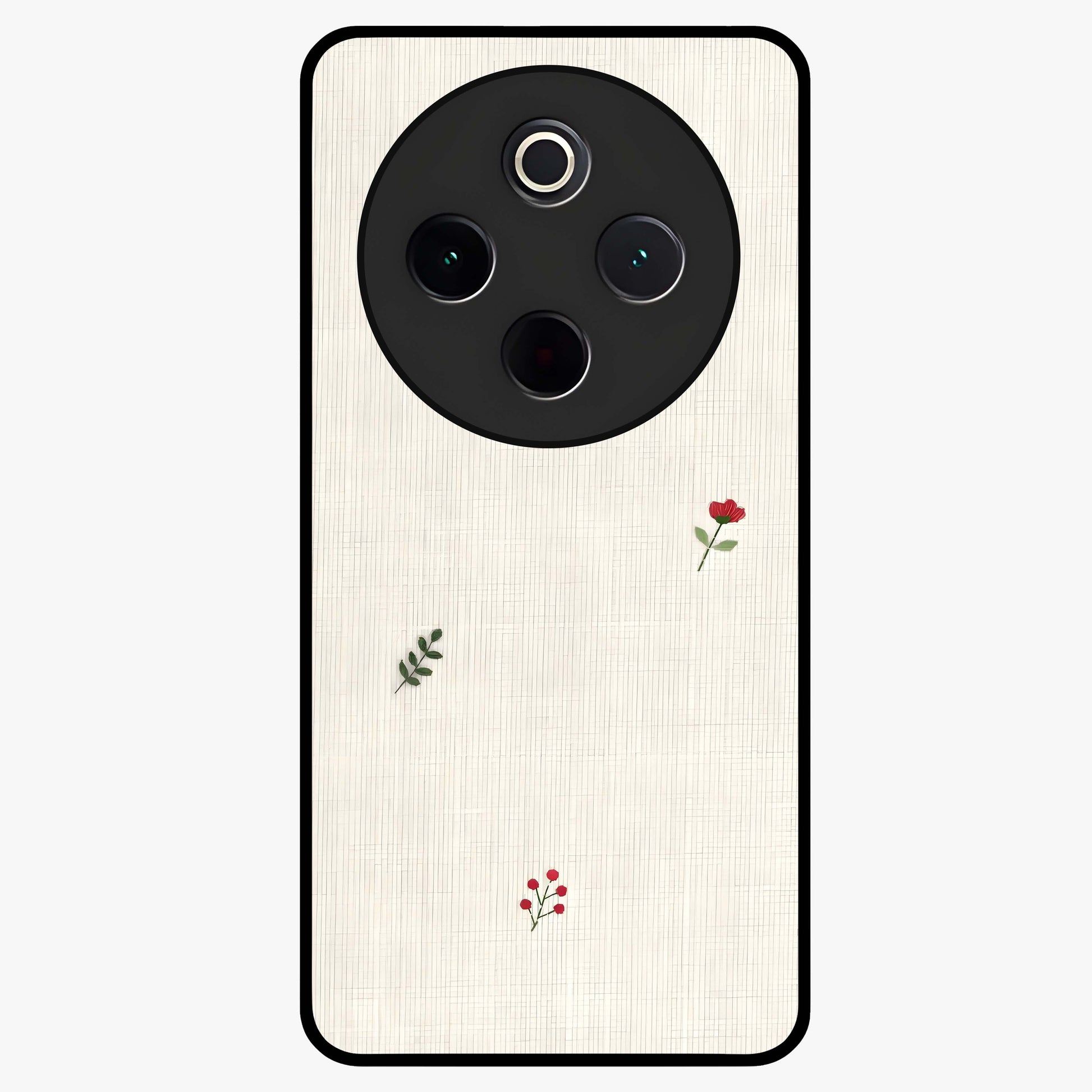 Minimal Petal Whispers Glass Case showing flat back view with soft minimal floral artwork and glossy glass finish.