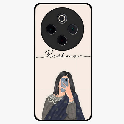 Mirror Mood Muse With Custom Name Glass Case showing flat back view with stylish mirrored artwork and personalized name design.