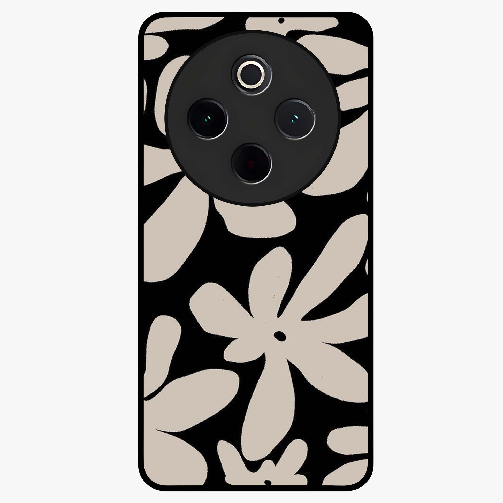 Monochrome Petal Dance Glass Case showing flat back view with monochrome floral artwork and glossy glass finish.