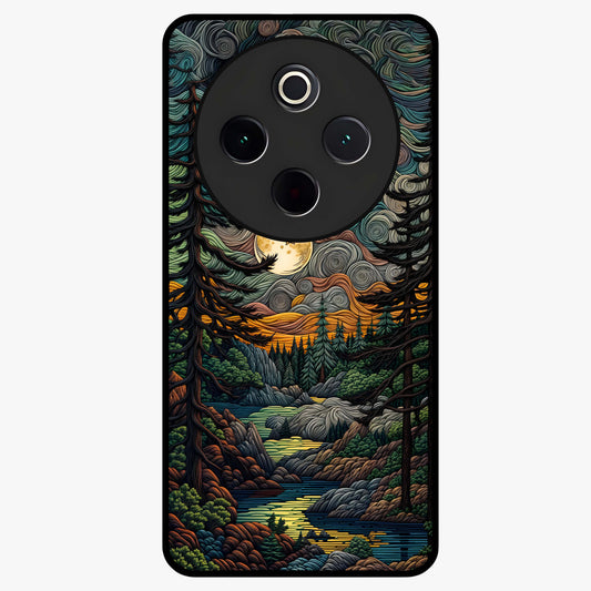 Moonlight Forest Dream Glass Case showing flat back view with mystical forest moonlight artwork and glossy glass finish.