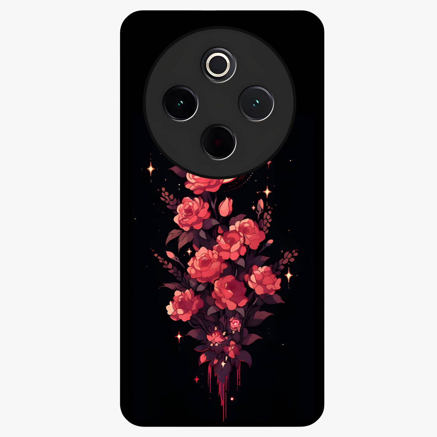 Moonlit Floral Elegance Glass Case showing flat back view with elegant floral artwork under moonlit tones and glossy glass finish.