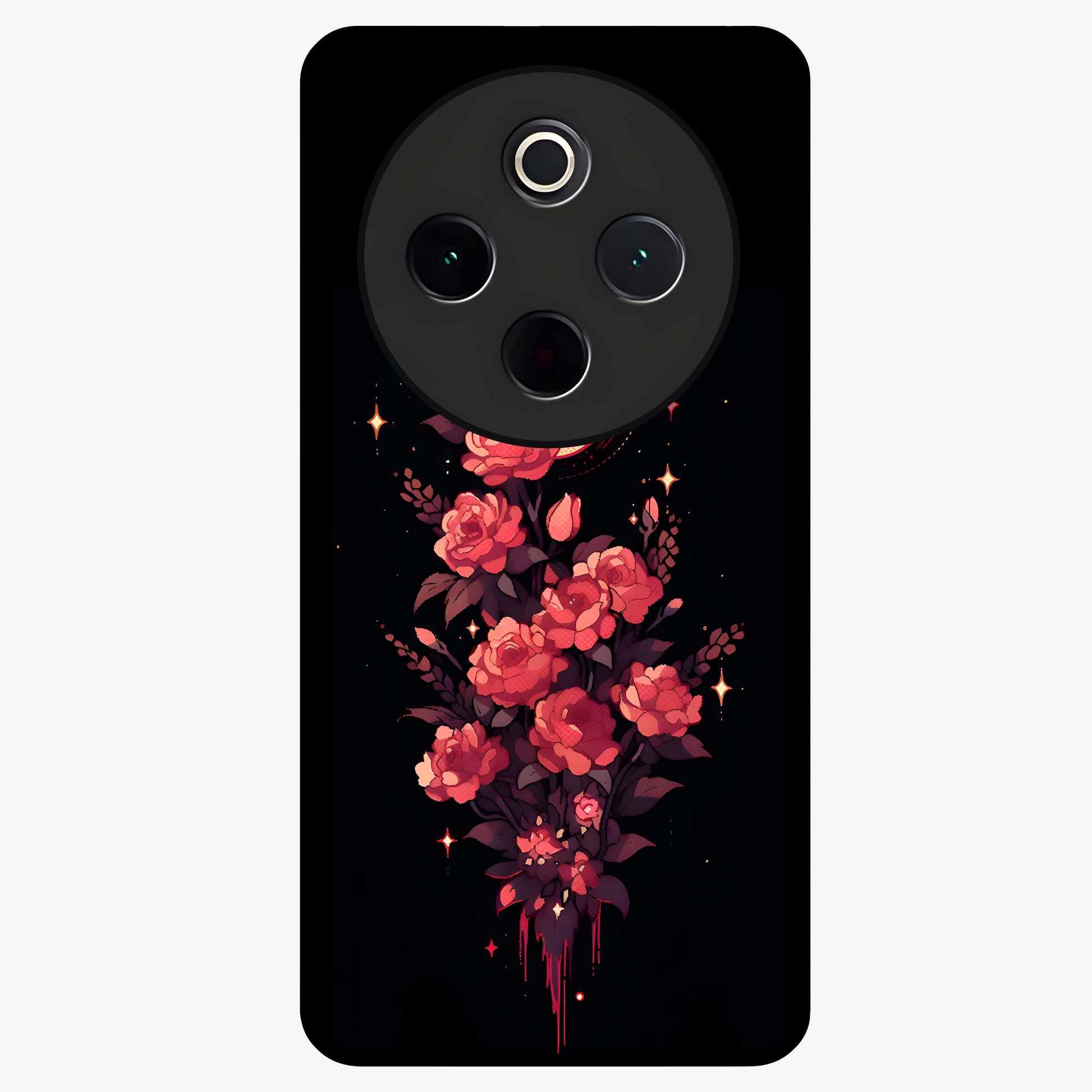 Moonlit Floral Elegance Glass Case showing flat back view with elegant floral artwork under moonlit tones and glossy glass finish.