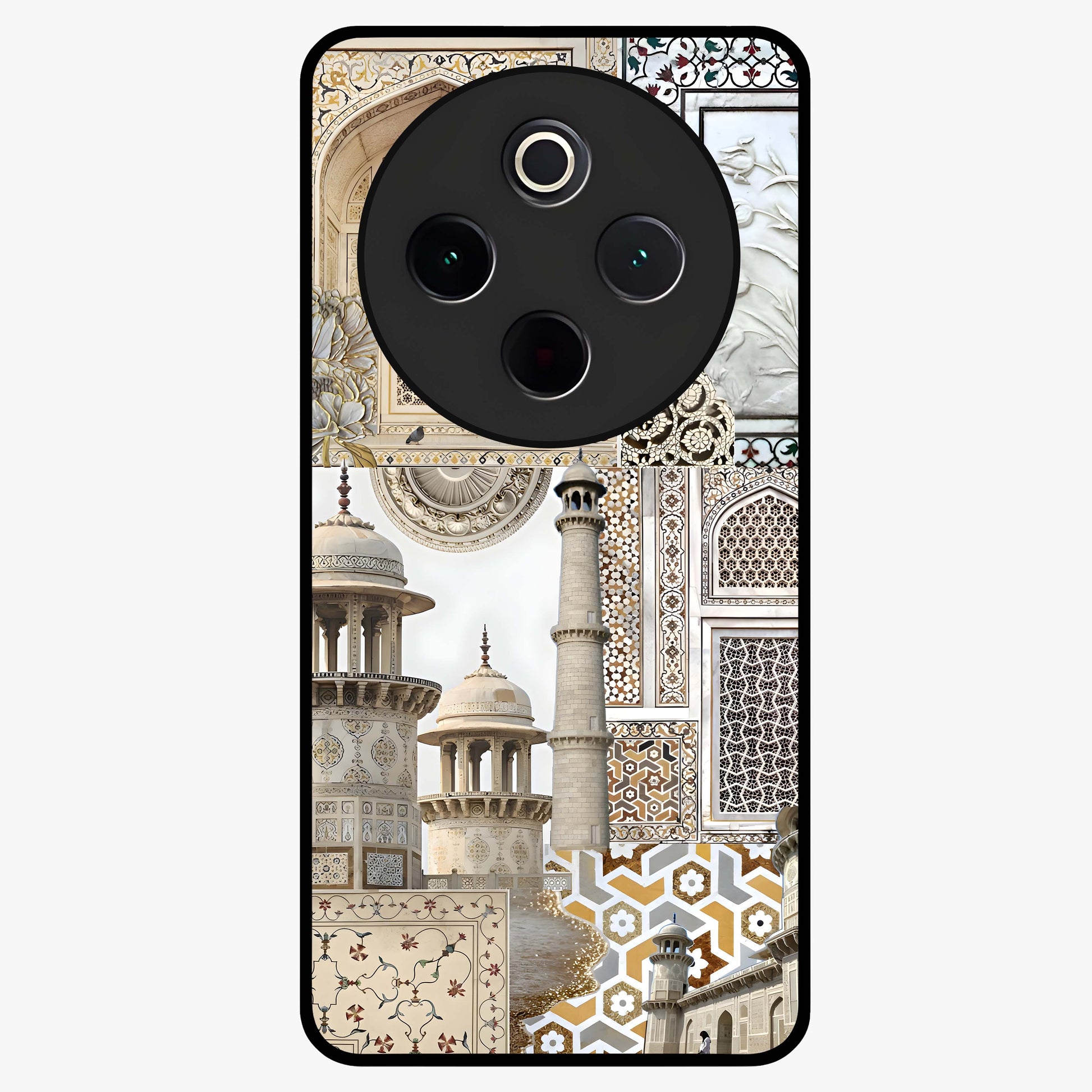 Mughal Marble Legacy Glass Case showing flat back view with intricate Mughal inspired marble pattern and glossy glass finish.
