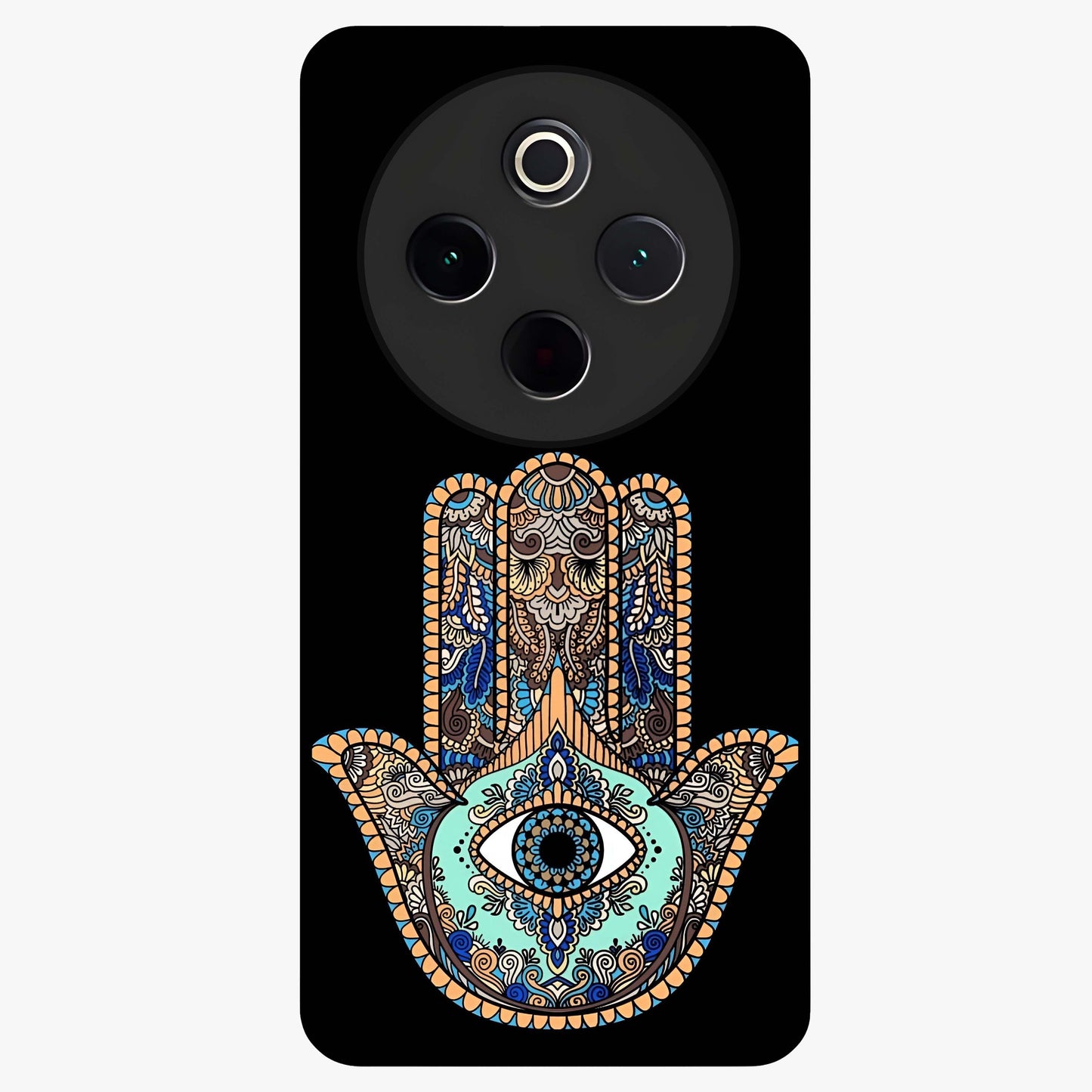 Mystic Hamsa Eye Glass Case showing flat back view with protective hamsa hand and evil eye artwork and glossy glass finish.