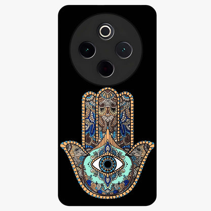 Mystic Hamsa Eye Glass Case showing flat back view with protective hamsa hand and evil eye artwork and glossy glass finish.