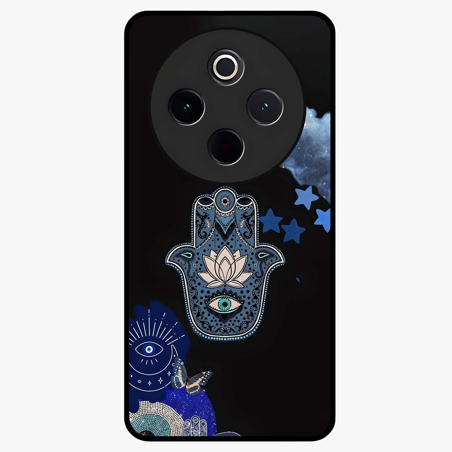 Mystic Hand Aura Glass Case showing flat back view with mystical hand symbol artwork and glossy glass finish.