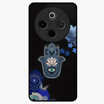 Mystic Hand Aura Glass Case showing flat back view with mystical hand symbol artwork and glossy glass finish.