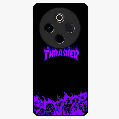 Neon Flame Riot Glass Case showing flat back view with neon flame artwork and glossy glass finish.