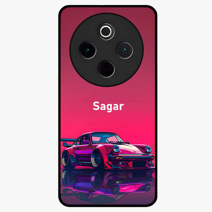 Neon Pink Porsche Glass Case showing flat back view with stylish sports car artwork and glossy glass finish.