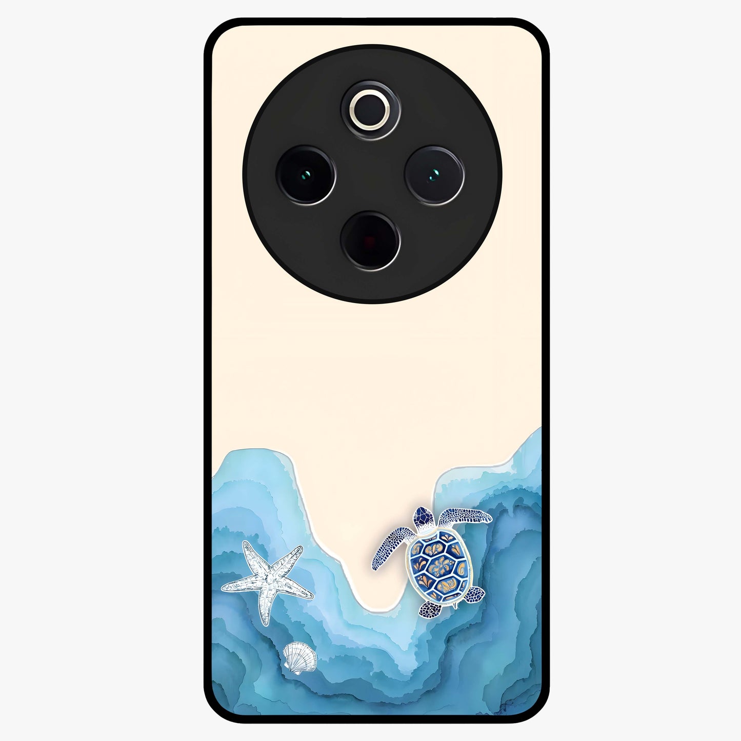 Ocean Drift Turtle Glass Case showing flat back view with sea turtle artwork and glossy glass finish.