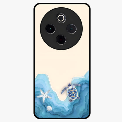 Ocean Drift Turtle Glass Case showing flat back view with sea turtle artwork and glossy glass finish.
