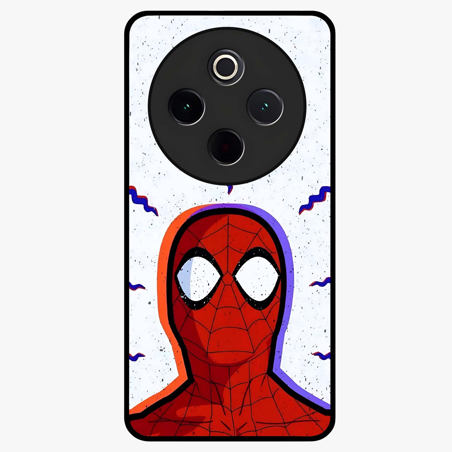 Omg Spiderman Glass Case showing flat back view with bold superhero inspired artwork and glossy glass finish.