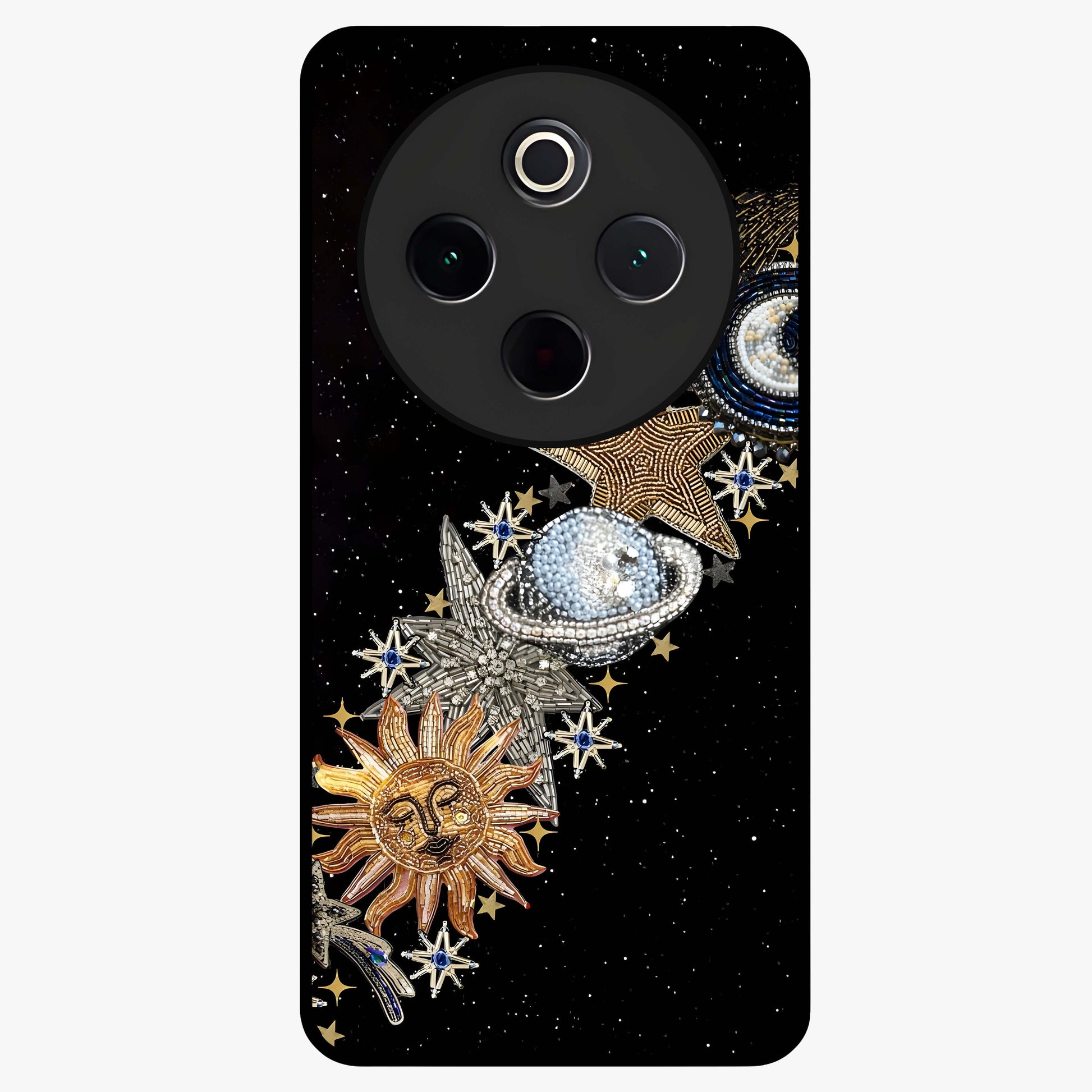 Pearls Universe Object Glass Case showing flat back view with pearl inspired cosmic artwork and glossy glass finish.