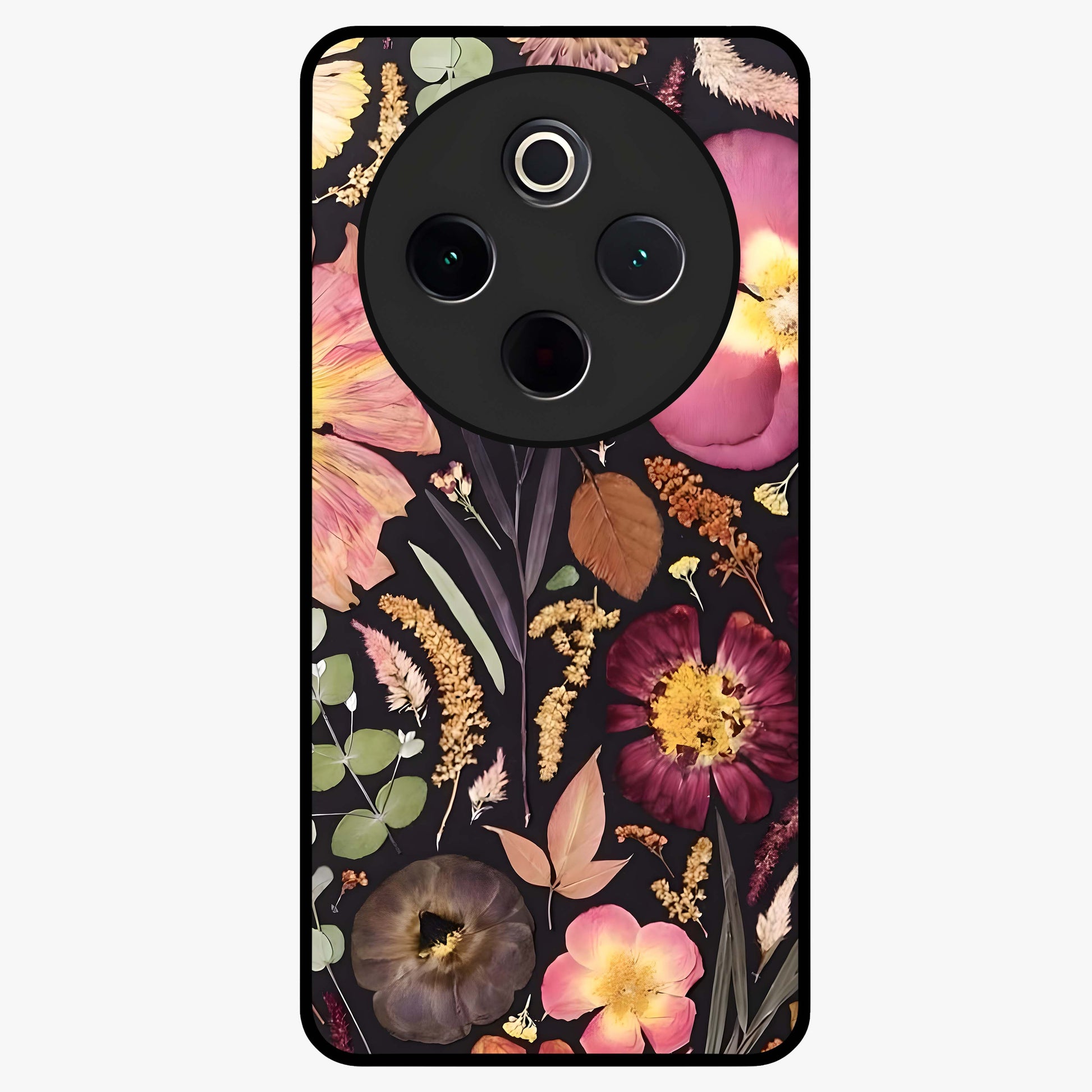 Petal Dream Tapestry Glass Case showing flat back view with intricate floral tapestry artwork and glossy glass finish.