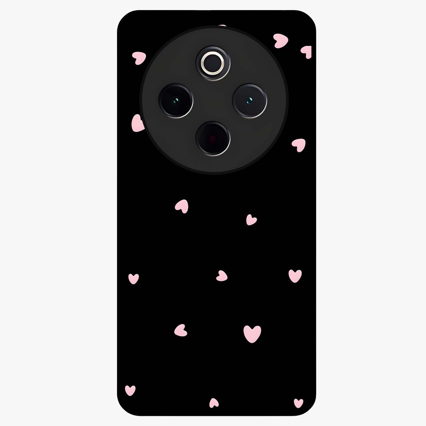 Pink Love Drops Glass Case showing flat back view with playful pink heart drops artwork and glossy glass finish.