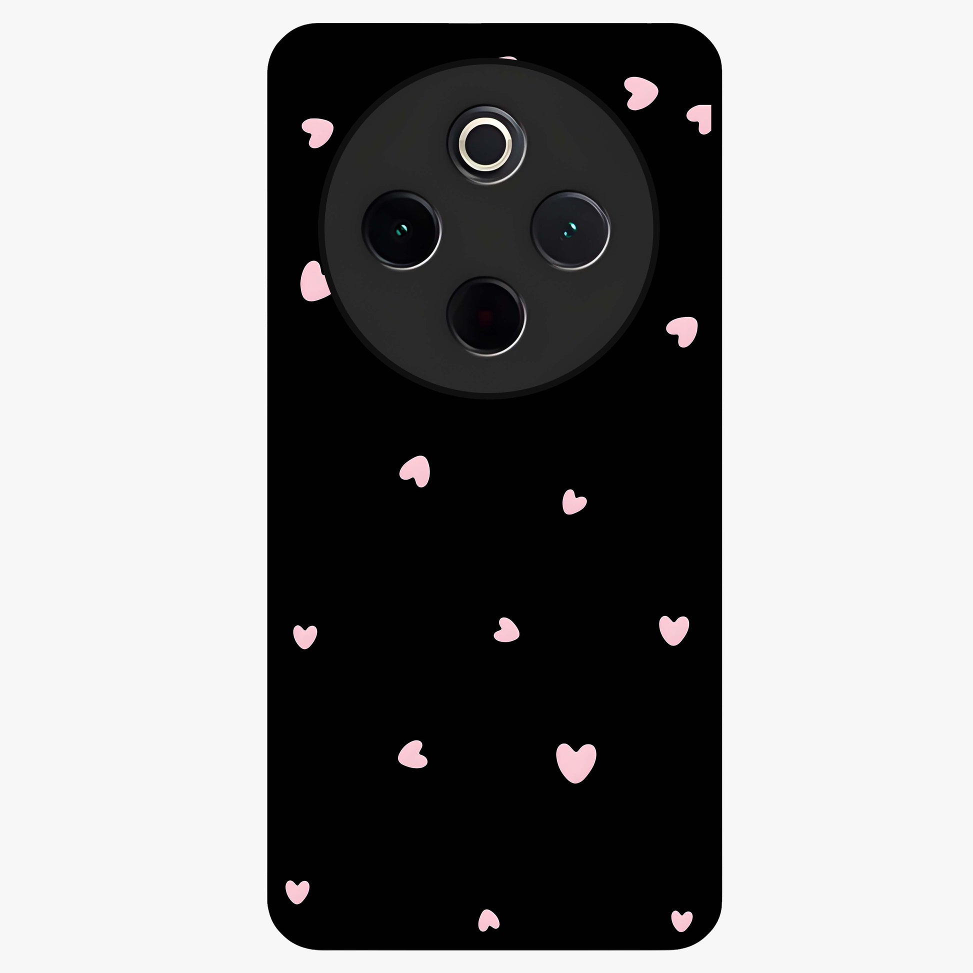Pink Love Drops Glass Case showing flat back view with playful pink heart drops artwork and glossy glass finish.