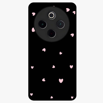 Pink Love Drops Glass Case showing flat back view with playful pink heart drops artwork and glossy glass finish.