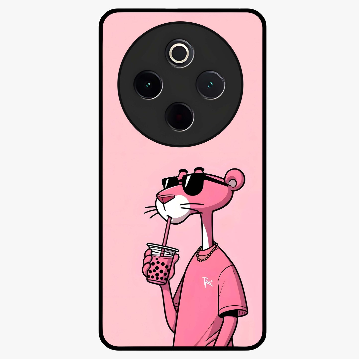 Pink Panther Glass Case showing flat back view with iconic pink panther artwork and glossy glass finish.