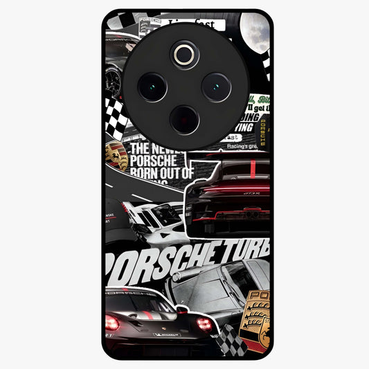 Porsche Racing Collage Glass Case showing flat back view with sports car racing collage artwork and glossy glass finish.