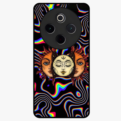 Psychedelic Sun Glass Case showing flat back view with colorful psychedelic sun artwork and glossy glass finish.