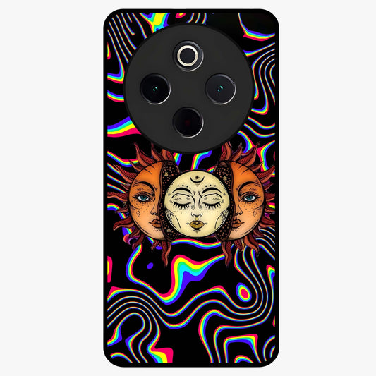 Psychedelic Sun Glass Case showing flat back view with colorful psychedelic sun artwork and glossy glass finish.