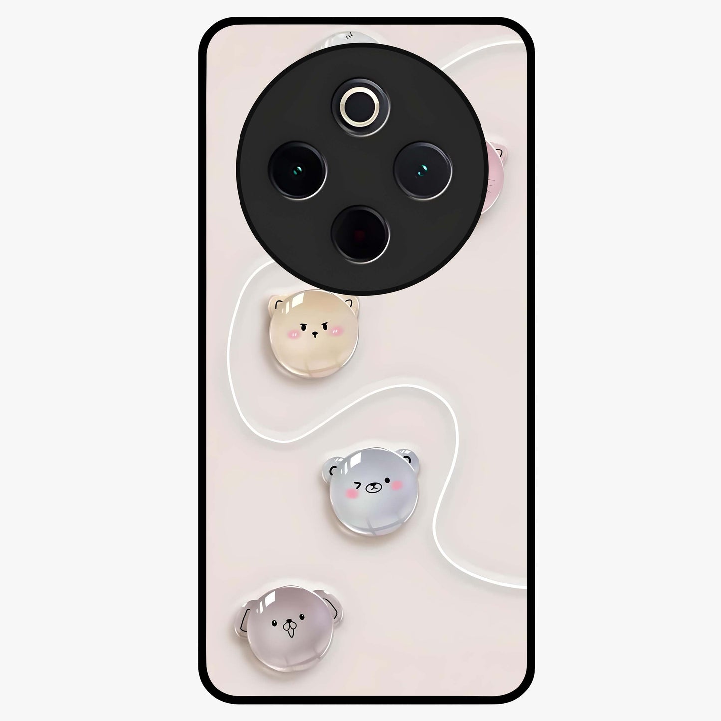 Puffy Face Parade Glass Case showing flat back view with cute puffy character faces artwork and glossy glass finish.