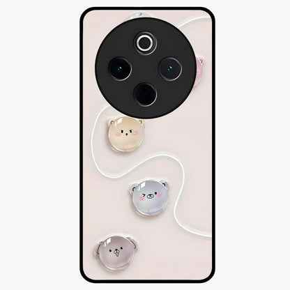 Puffy Face Parade Glass Case showing flat back view with cute puffy character faces artwork and glossy glass finish.