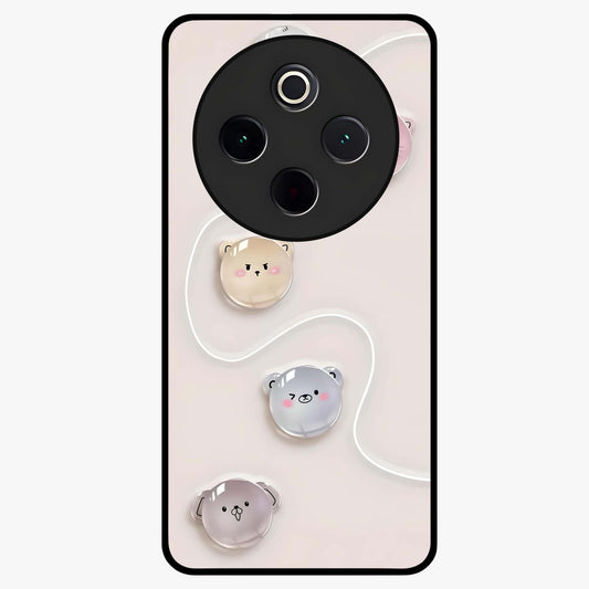 Puffy Face Parade Glass Case showing flat back view with cute puffy character faces artwork and glossy glass finish.