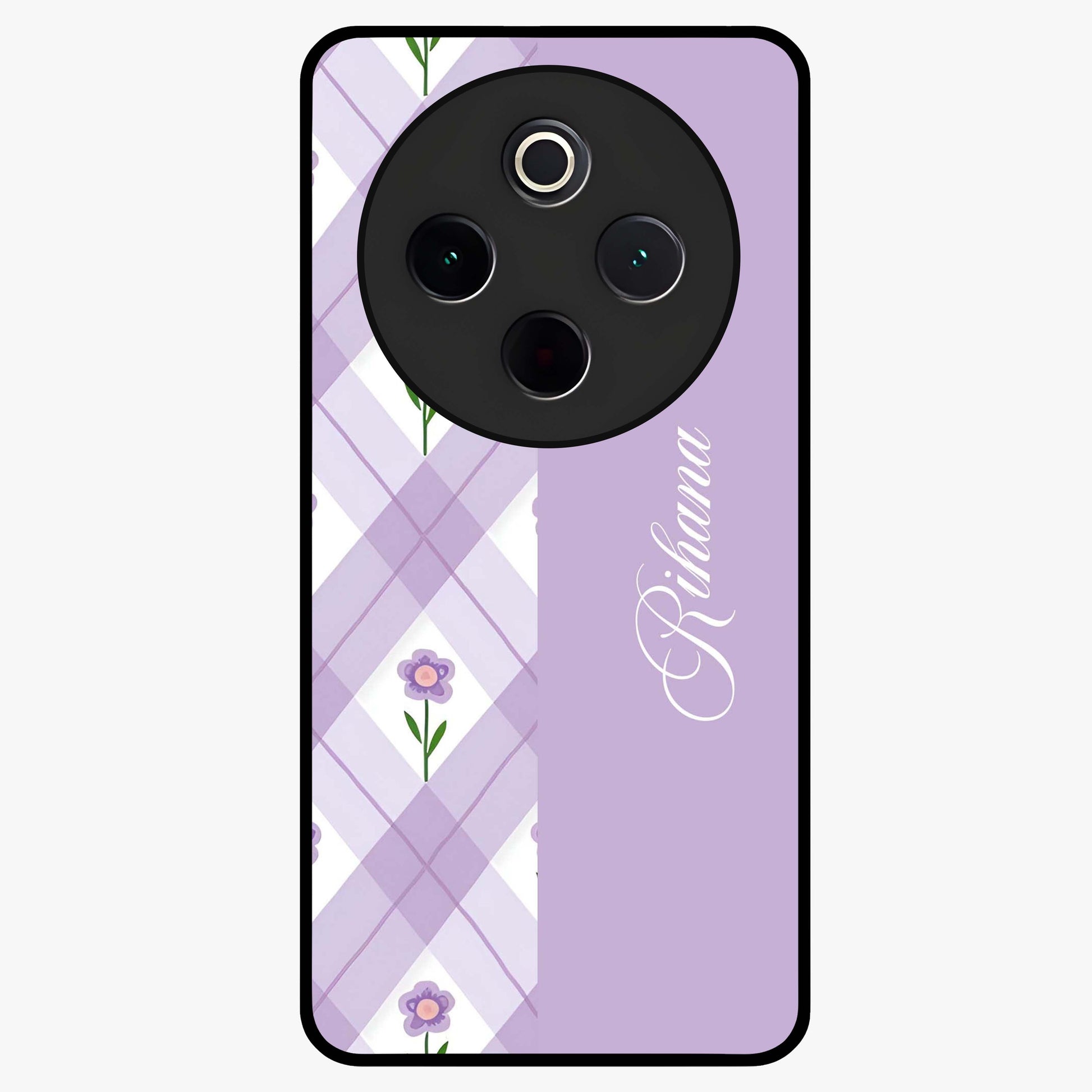 Purple Diamond Floral Glass Case showing flat back view with diamond shaped floral artwork and glossy glass finish.