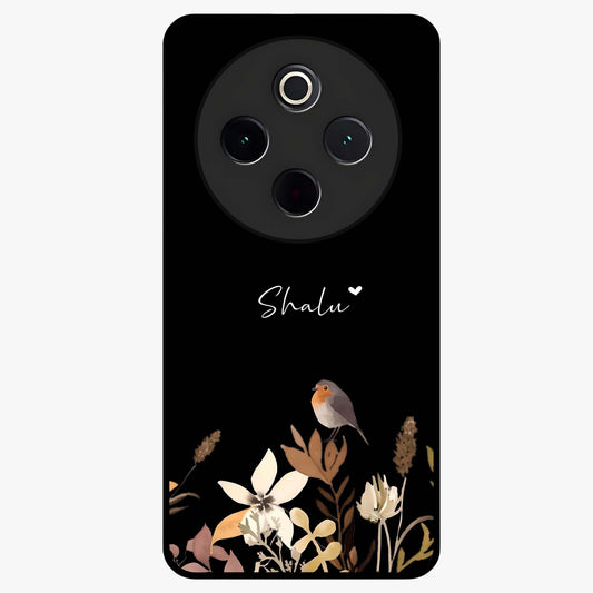 Quiet Garden Tune Custom Name Glass Case showing flat back view with peaceful garden artwork and personalized name design.