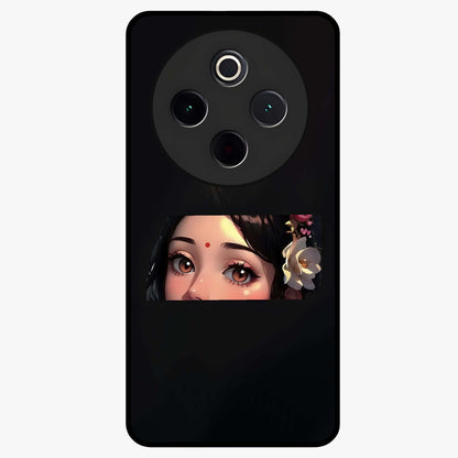 Radha Divine Embrace Glass Case showing flat back view with devotional Radha artwork and glossy glass finish.