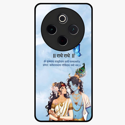 Radha Krishna Eternal Glass Case showing flat back view with Radha Krishna devotional artwork and glossy glass finish.