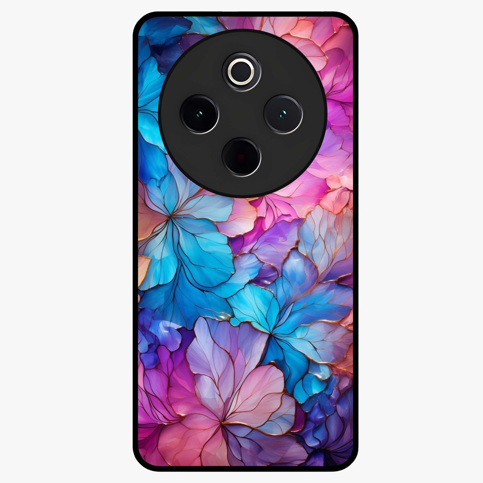 Radiant Floral Whirl Glass Case showing flat back view with swirling floral artwork and glossy glass finish.