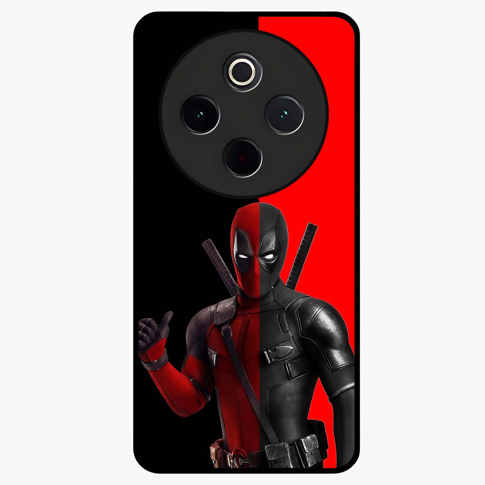 Red & Black Deadpool Theme Glass Case showing flat back view with bold comic inspired artwork and glossy glass finish.