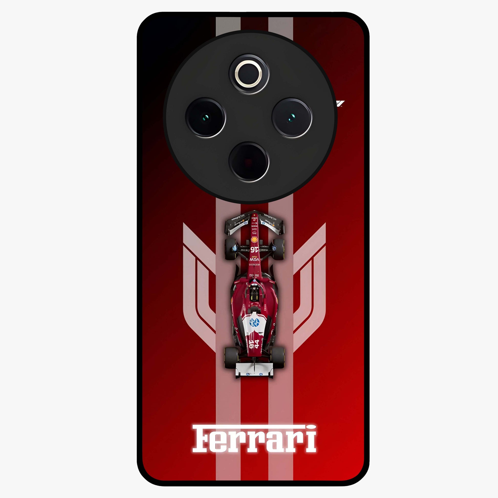 Red Ferrari F1 Vertical Glass Case showing flat back view with sleek Formula racing car artwork and glossy glass finish.