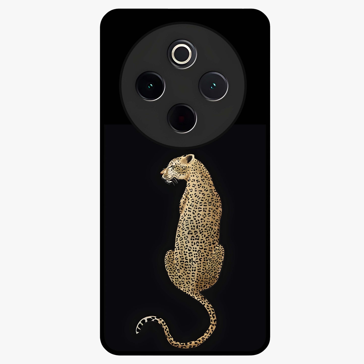 Regal Leopard Glass Case showing flat back view with bold leopard artwork and glossy glass finish.