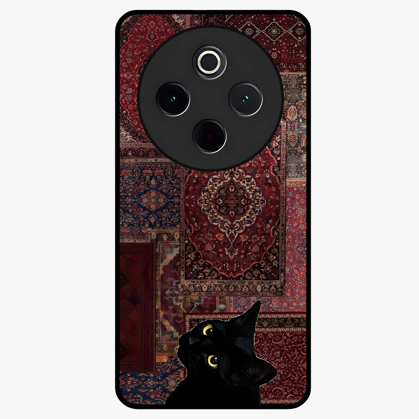 Regal Magic Cat Apple Glass Case showing flat back view with magical cat artwork holding apple and glossy glass finish.