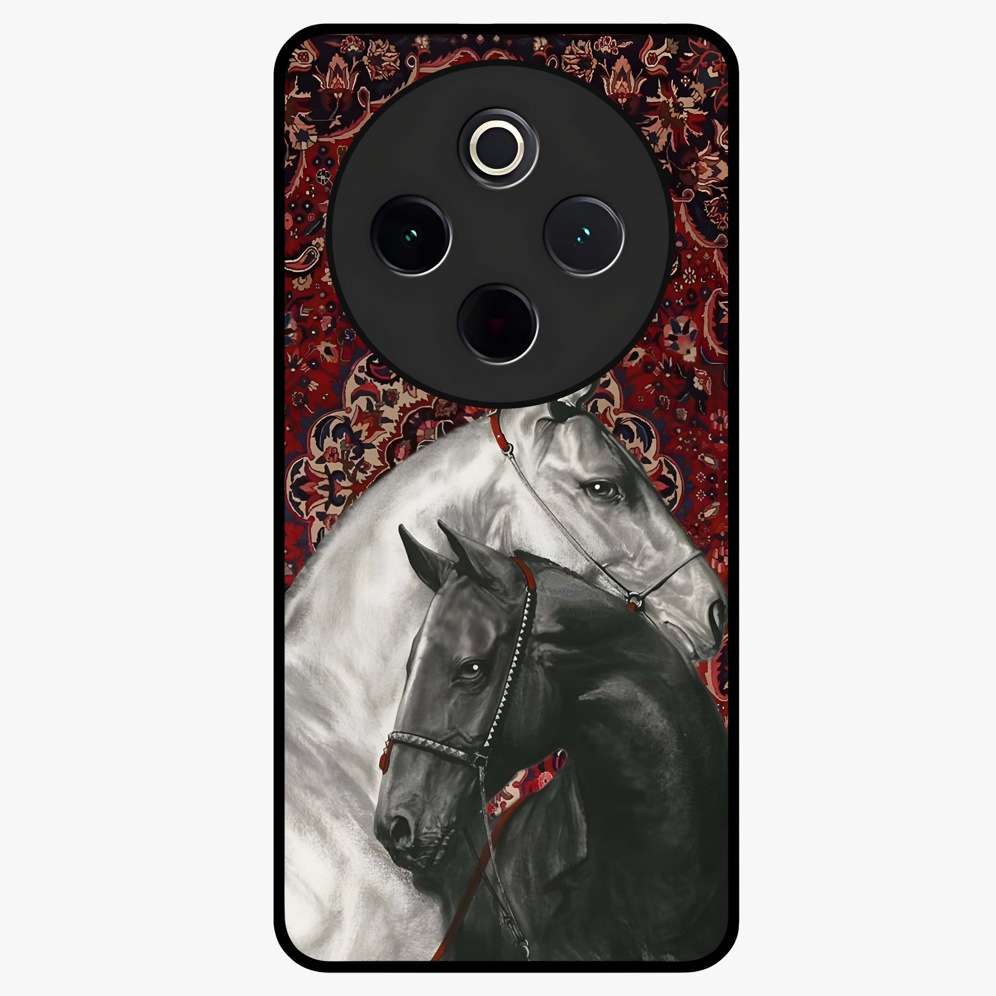 Regal Stallion Tapestry Glass Case showing flat back view with majestic horse tapestry artwork and glossy glass finish.