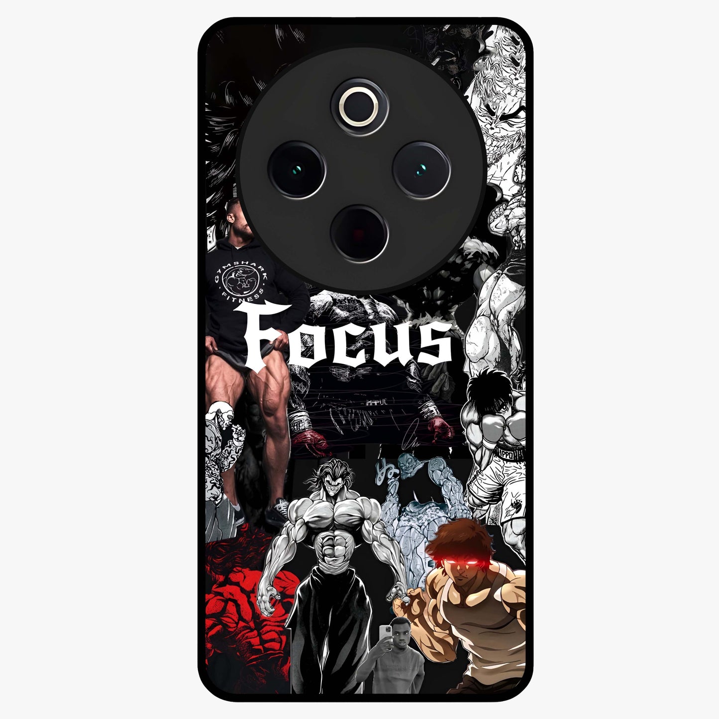 Relentless Power Focus Glass Case showing flat back view with motivational typography artwork and glossy glass finish.