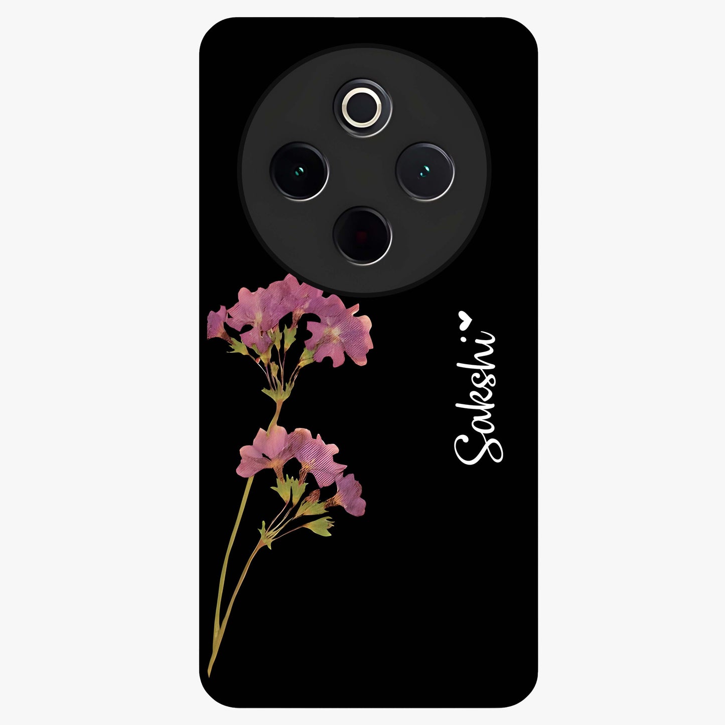 Riching Lavender Flower Custom Name Glass Case showing flat back view with lavender floral artwork and personalized name design.