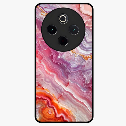Rose Quartz Marble Glass Case showing flat back view with pink marble quartz texture artwork and glossy glass finish.