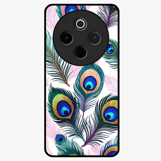 Royal Peacock Feathers Glass Case showing flat back view with colorful peacock feather artwork and glossy glass finish.