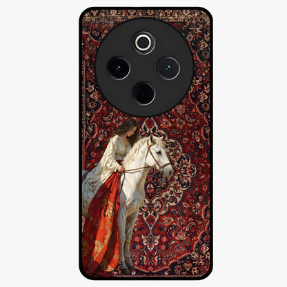 Royal Rider Tapestry Glass Case showing flat back view with majestic horse rider tapestry artwork and glossy glass finish.
