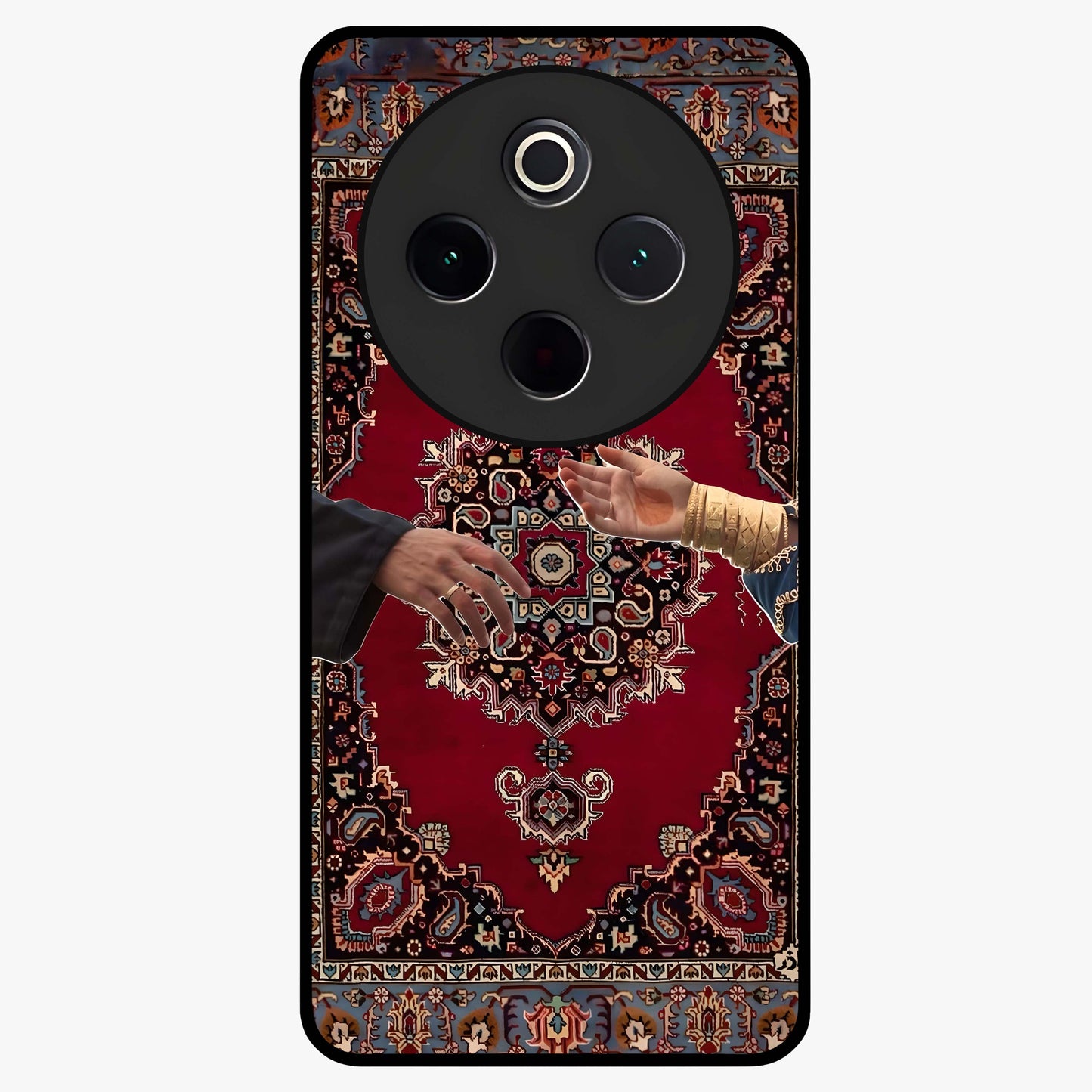 Royal Touch Reach Glass Case showing flat back view with elegant royal themed artwork and glossy glass finish.