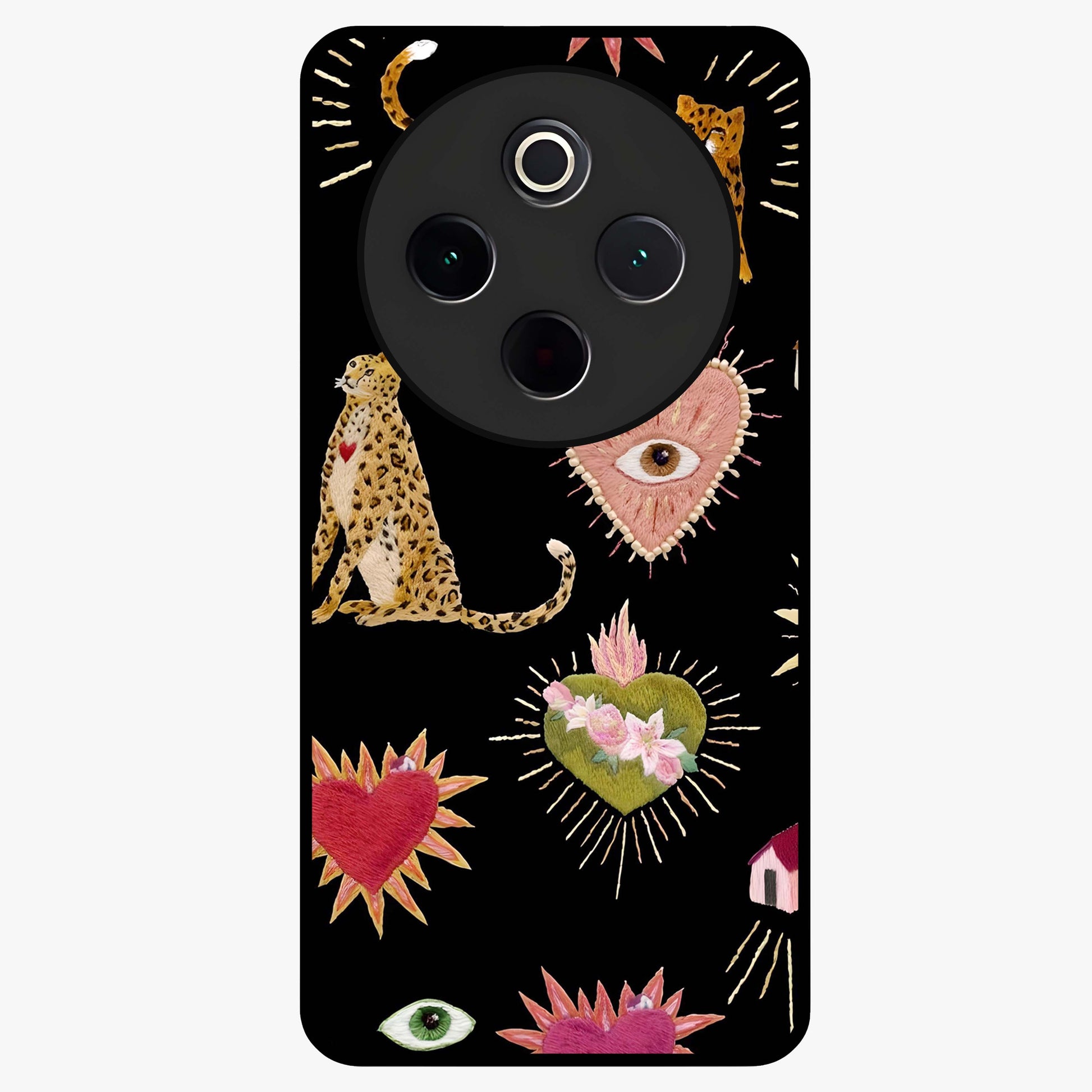 Sacred Jungle Heart Glass Case showing flat back view with jungle inspired heart artwork and glossy glass finish.