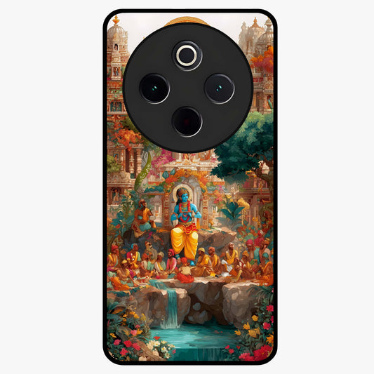 Sacred Sunlight Gods Glass Case showing flat back view with divine sunlight themed artwork and glossy glass finish.