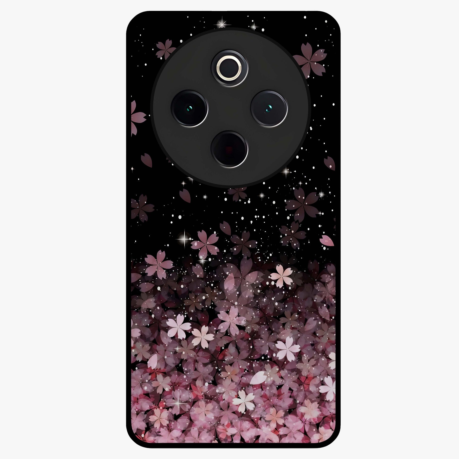 Small Starry Flowers Glass Case showing flat back view with delicate starry floral artwork and glossy glass finish.