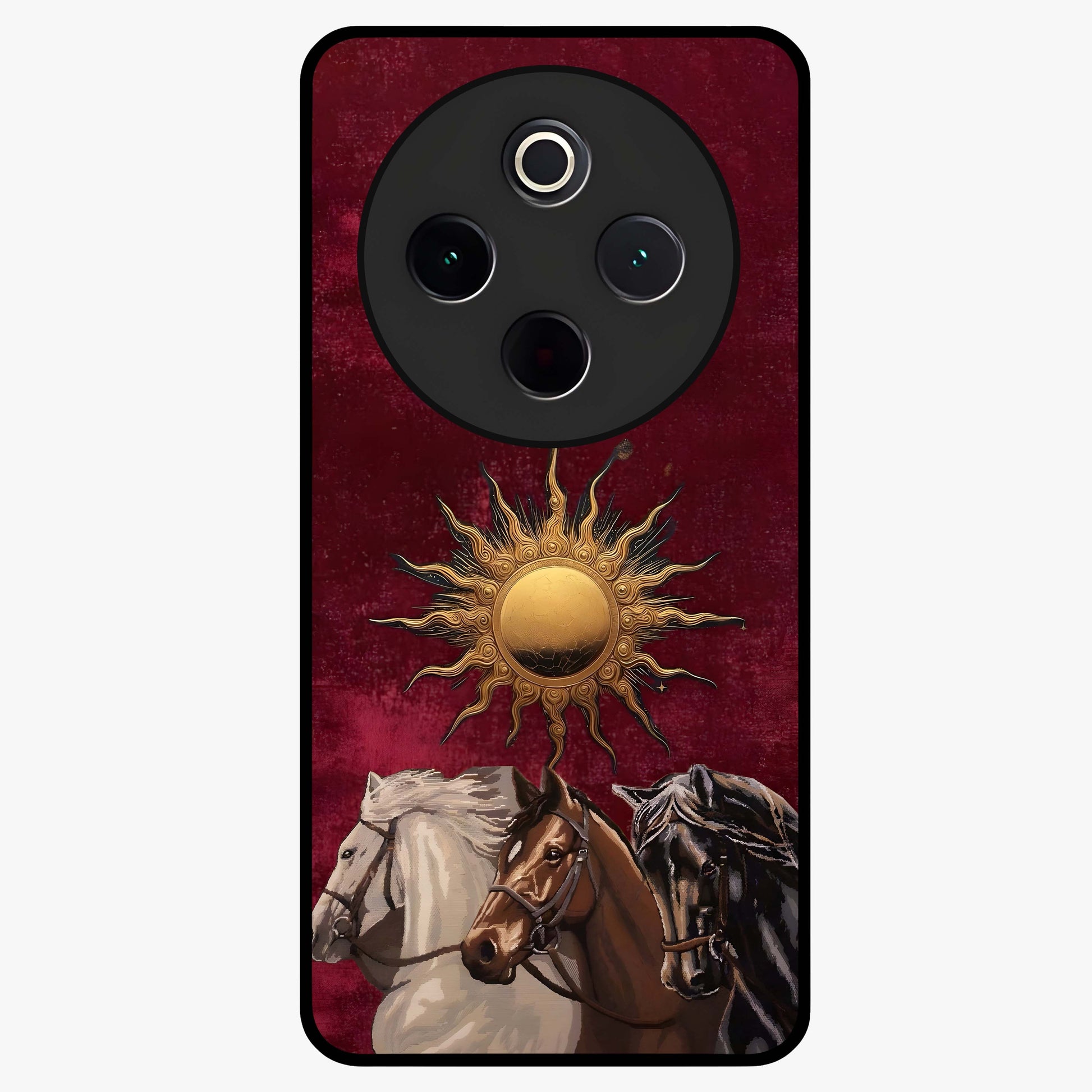 Solar Riders Glass Case showing flat back view with dynamic rider themed artwork and glossy glass finish.