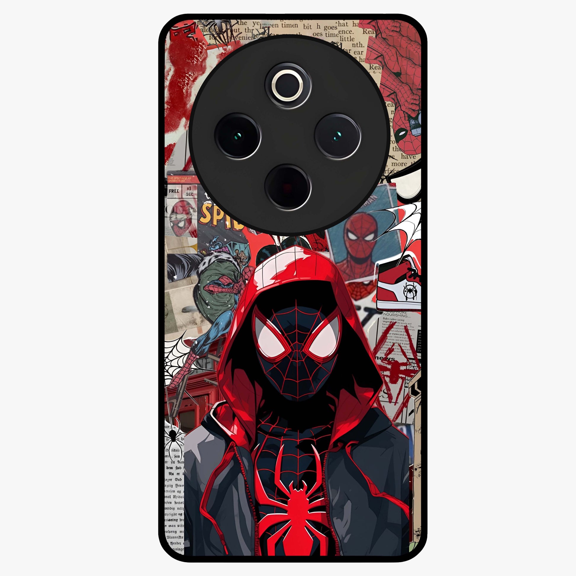 Spider Collage Street Glass Case showing flat back view with vibrant superhero collage artwork and glossy glass finish.